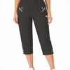 Women's Cropped Trousers with Elasticated Waist – Black | Soft Stretch Capri 3/4 Summer Pants with Pockets