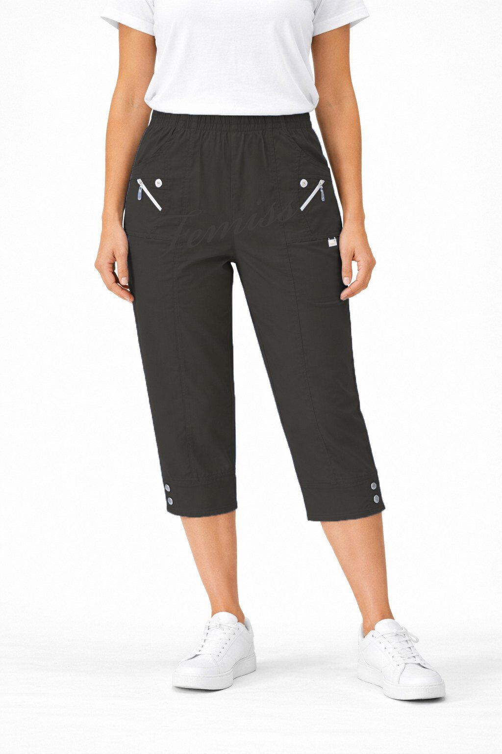Women's Cropped Trousers with Elasticated Waist – Black | Soft Stretch Capri 3/4 Summer Pants with Pockets
