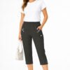 Women's Cropped Trousers with Elasticated Waist – Black | Soft Stretch Capri 3/4 Summer Pants with Pockets
