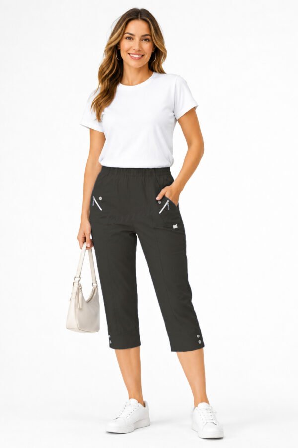 Women's Cropped Trousers with Elasticated Waist – Black | Soft Stretch Capri 3/4 Summer Pants with Pockets