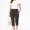 Women's Cropped Trousers with Elasticated Waist – Black | Soft Stretch Capri 3/4 Summer Pants with Pockets