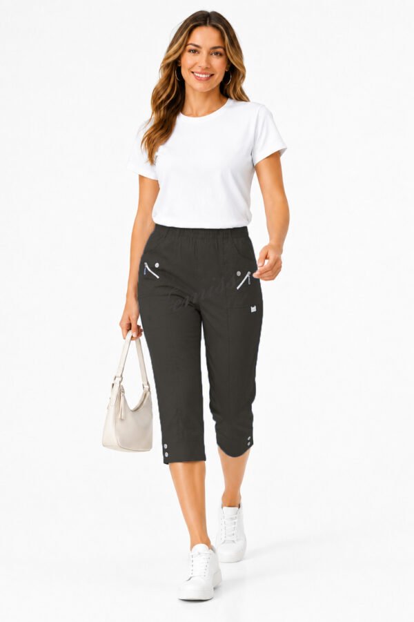 Women's Cropped Trousers with Elasticated Waist – Black | Soft Stretch Capri 3/4 Summer Pants with Pockets