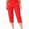 Women's Cropped Trousers with Elasticated Waist – Red | Soft Stretch Capri 3/4 Summer Pants with Pockets
