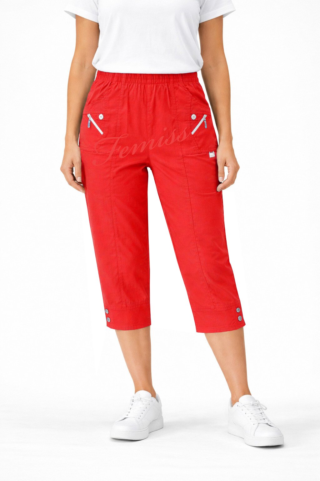 Women's Cropped Trousers with Elasticated Waist – Red | Soft Stretch Capri 3/4 Summer Pants with Pockets