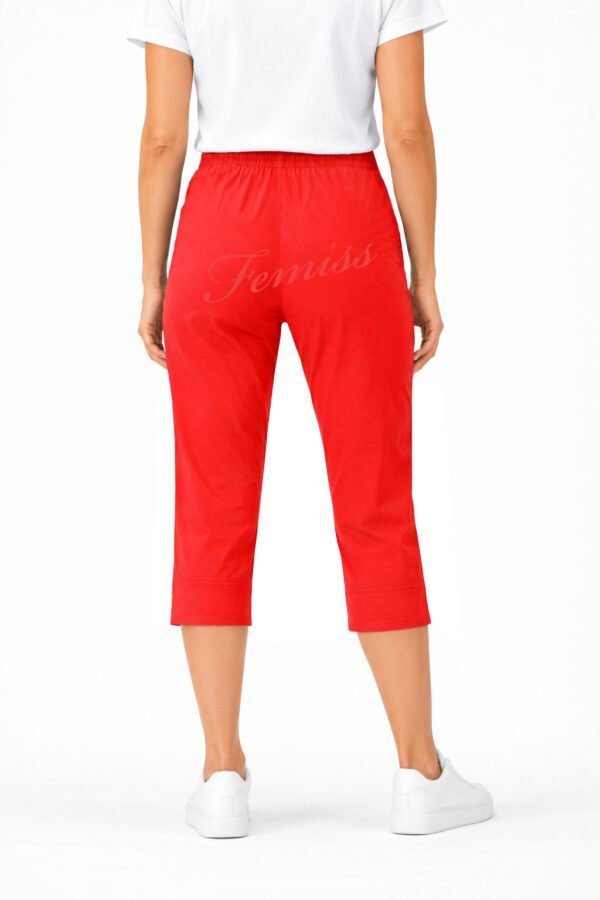 Women's Cropped Trousers with Elasticated Waist – Red | Soft Stretch Capri 3/4 Summer Pants with Pockets