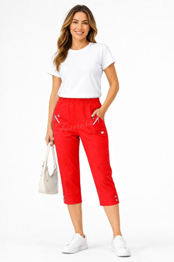 Women's Cropped Trousers with Elasticated Waist – Red | Soft Stretch Capri 3/4 Summer Pants with Pockets