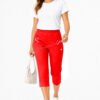 Women's Cropped Trousers with Elasticated Waist – Red | Soft Stretch Capri 3/4 Summer Pants with Pockets