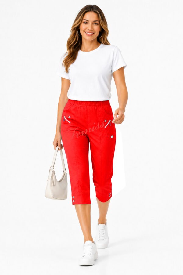 Women's Cropped Trousers with Elasticated Waist – Red | Soft Stretch Capri 3/4 Summer Pants with Pockets