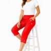 Women's Cropped Trousers with Elasticated Waist – Red | Soft Stretch Capri 3/4 Summer Pants with Pockets