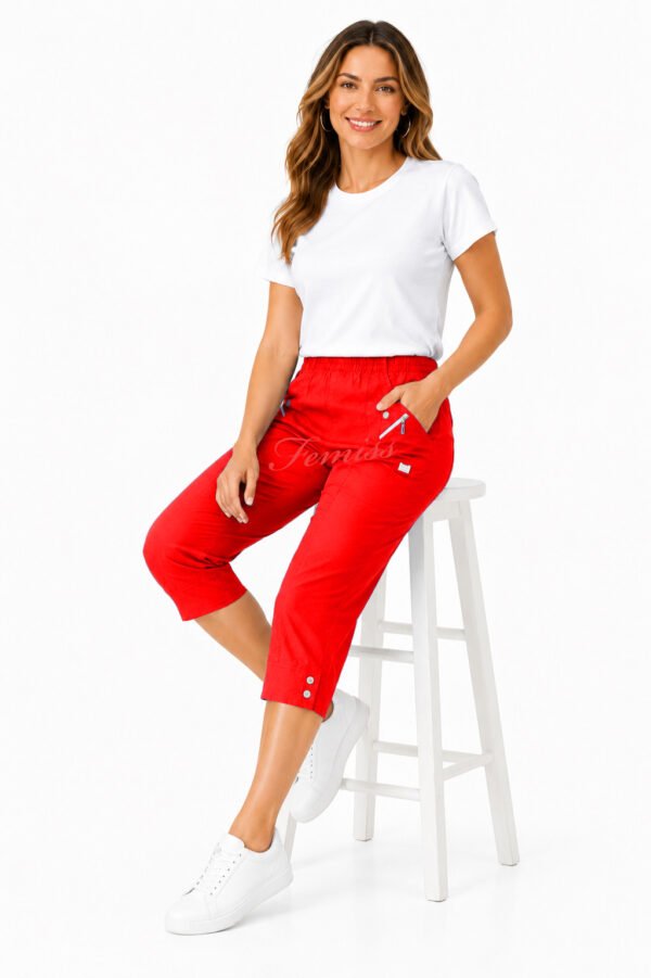 Women's Cropped Trousers with Elasticated Waist – Red | Soft Stretch Capri 3/4 Summer Pants with Pockets