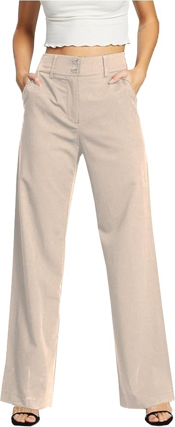 Femiss Women's Beige Wide Leg Trousers – High Waisted Tailored Relaxed Fit Office Work Pants