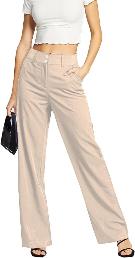 Femiss Women's Beige Wide Leg Trousers – High Waisted Tailored Relaxed Fit Office Work Pants
