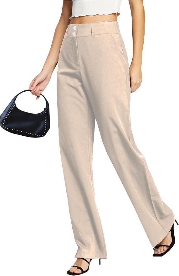 Femiss Women's Beige Wide Leg Trousers – High Waisted Tailored Relaxed Fit Office Work Pants