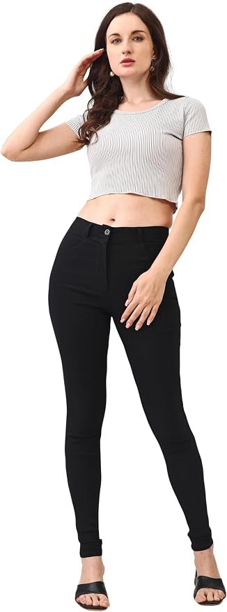 Women's Skinny Stretch Trousers – Black | Smart Casual Office & School Uniform Pants with Pockets