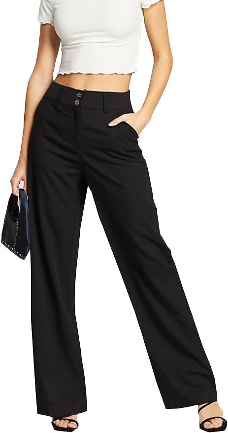 Femiss Women's Black Wide Leg Trousers – High Waisted Tailored Relaxed Fit Office Work Pants