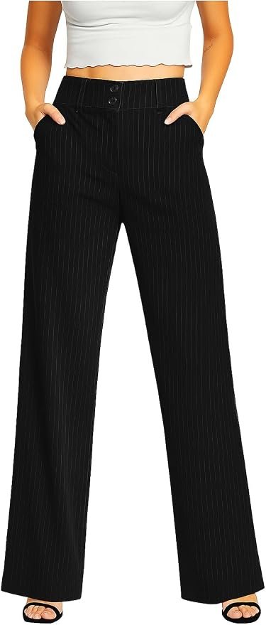 Femiss Women's Black Stripe Wide Leg Trousers – High Waisted Tailored Relaxed Fit Office Work Pants
