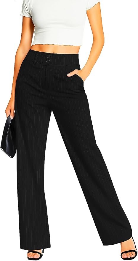 Femiss Women's Black Stripe Wide Leg Trousers – High Waisted Tailored Relaxed Fit Office Work Pants