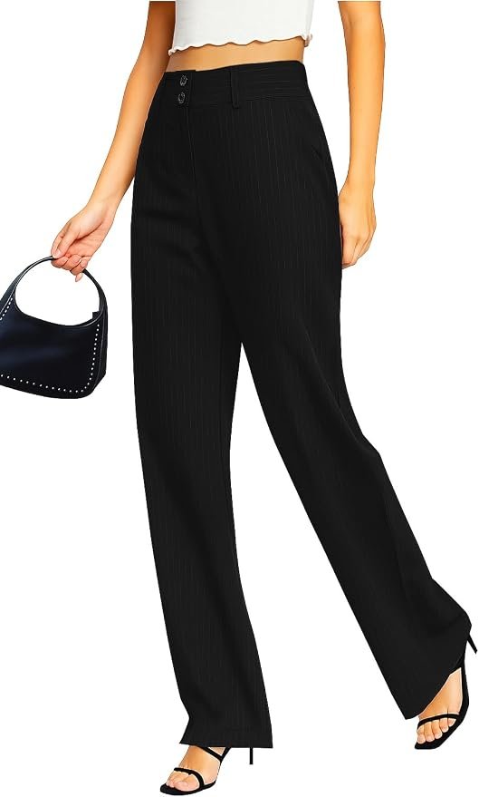 Femiss Women's Black Stripe Wide Leg Trousers – High Waisted Tailored Relaxed Fit Office Work Pants