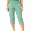 Women's Cropped Trousers with Elasticated Waist – Menthol | Soft Stretch Capri 3/4 Summer Pants with Pockets
