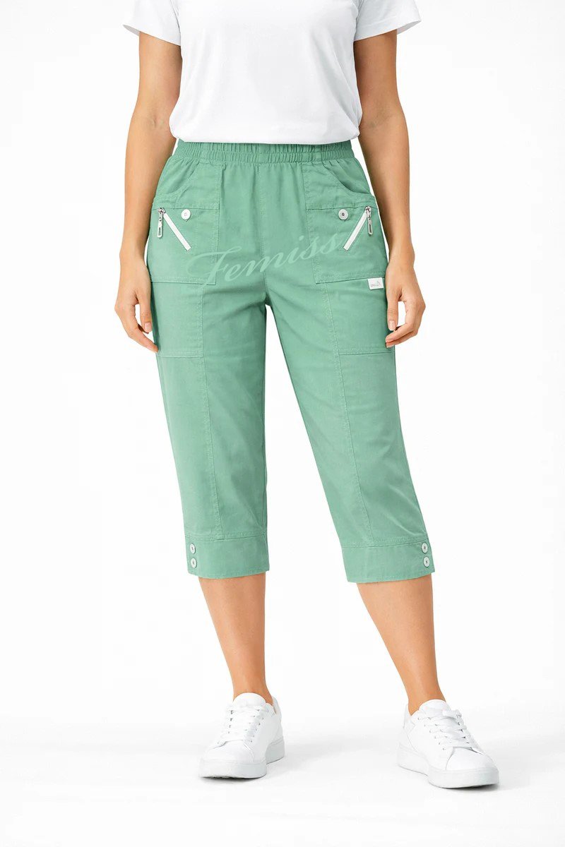 Women's Cropped Trousers with Elasticated Waist – Menthol | Soft Stretch Capri 3/4 Summer Pants with Pockets