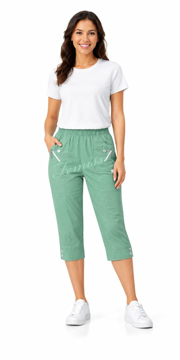 Women's Cropped Trousers with Elasticated Waist – Menthol | Soft Stretch Capri 3/4 Summer Pants with Pockets