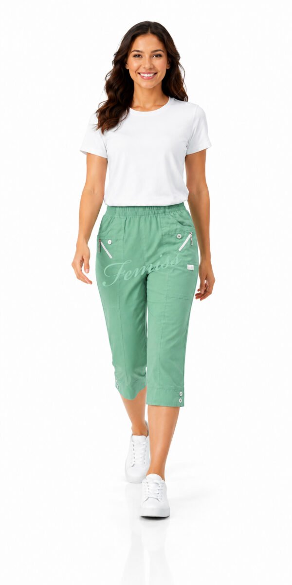 Women's Cropped Trousers with Elasticated Waist – Menthol | Soft Stretch Capri 3/4 Summer Pants with Pockets