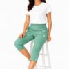 Women's Cropped Trousers with Elasticated Waist – Menthol | Soft Stretch Capri 3/4 Summer Pants with Pockets