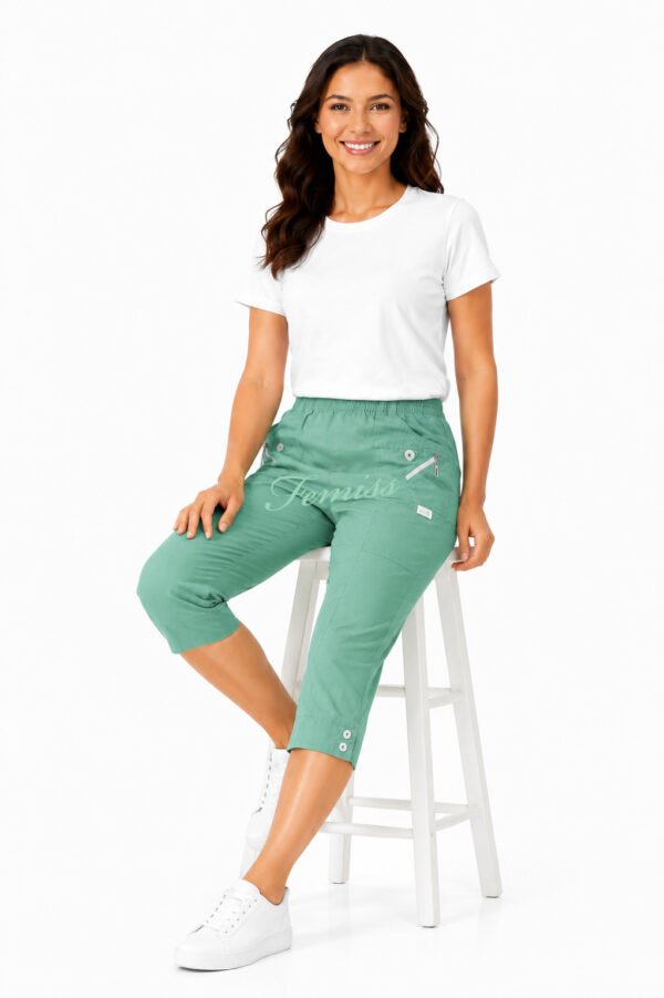 Women's Cropped Trousers with Elasticated Waist – Menthol | Soft Stretch Capri 3/4 Summer Pants with Pockets