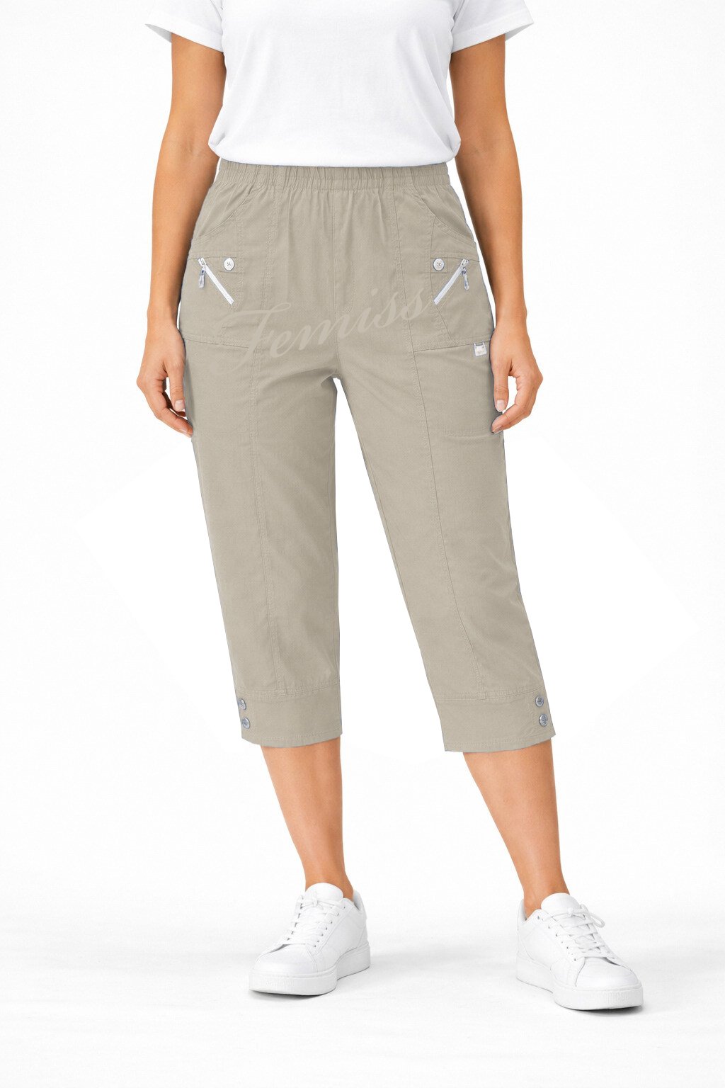 Women's Cropped Trousers with Elasticated Waist – Beige | Soft Stretch Capri 3/4 Summer Pants with Pockets