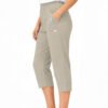 Women's Cropped Trousers with Elasticated Waist – Beige | Soft Stretch Capri 3/4 Summer Pants with Pockets