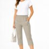 Women's Cropped Trousers with Elasticated Waist – Beige | Soft Stretch Capri 3/4 Summer Pants with Pockets