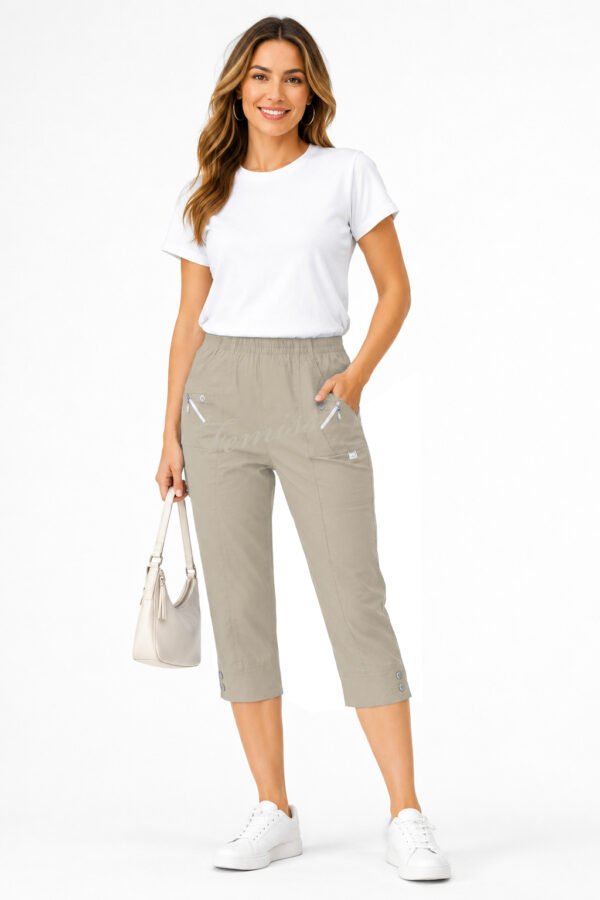 Women's Cropped Trousers with Elasticated Waist – Beige | Soft Stretch Capri 3/4 Summer Pants with Pockets