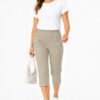 Women's Cropped Trousers with Elasticated Waist – Beige | Soft Stretch Capri 3/4 Summer Pants with Pockets