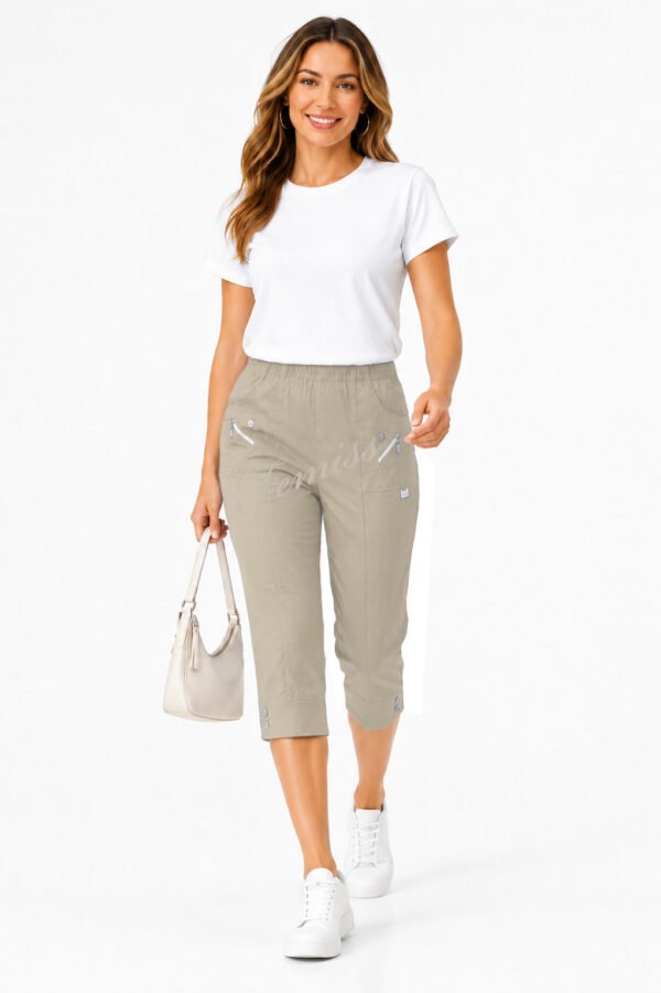 Women's Cropped Trousers with Elasticated Waist – Beige | Soft Stretch Capri 3/4 Summer Pants with Pockets
