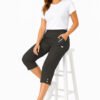 Women's Cropped Trousers with Elasticated Waist – Navy Blue | Soft Stretch Capri 3/4 Summer Pants with Pockets