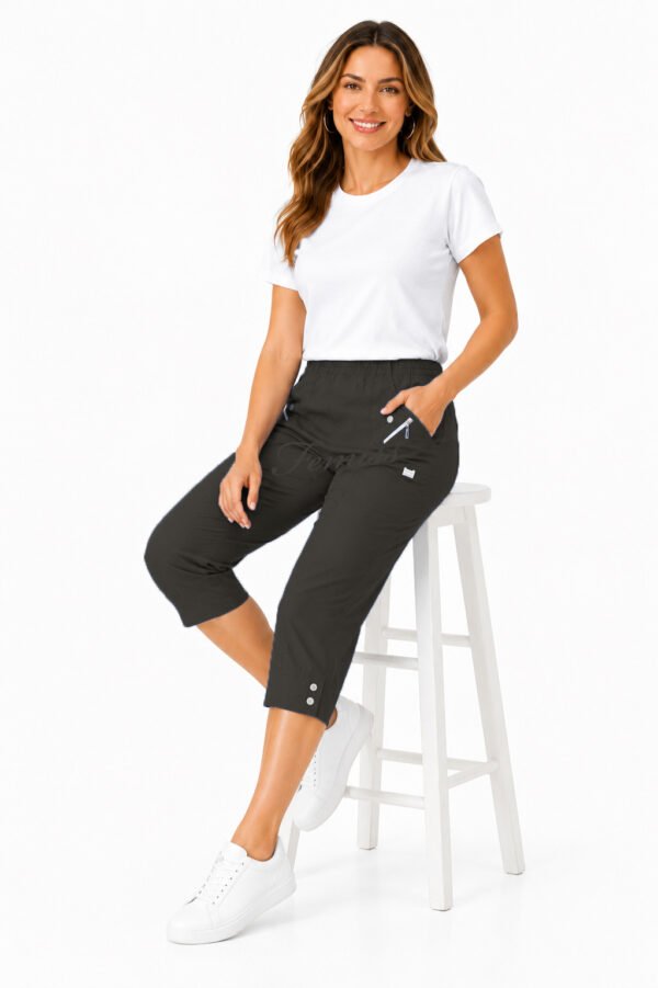 Women's Cropped Trousers with Elasticated Waist – Navy Blue | Soft Stretch Capri 3/4 Summer Pants with Pockets