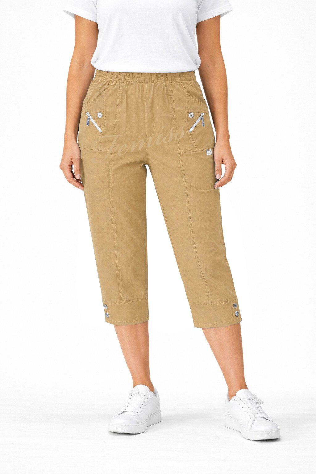 Women's Cropped Trousers with Elasticated Waist – Camel | Soft Stretch Capri 3/4 Summer Pants with Pockets