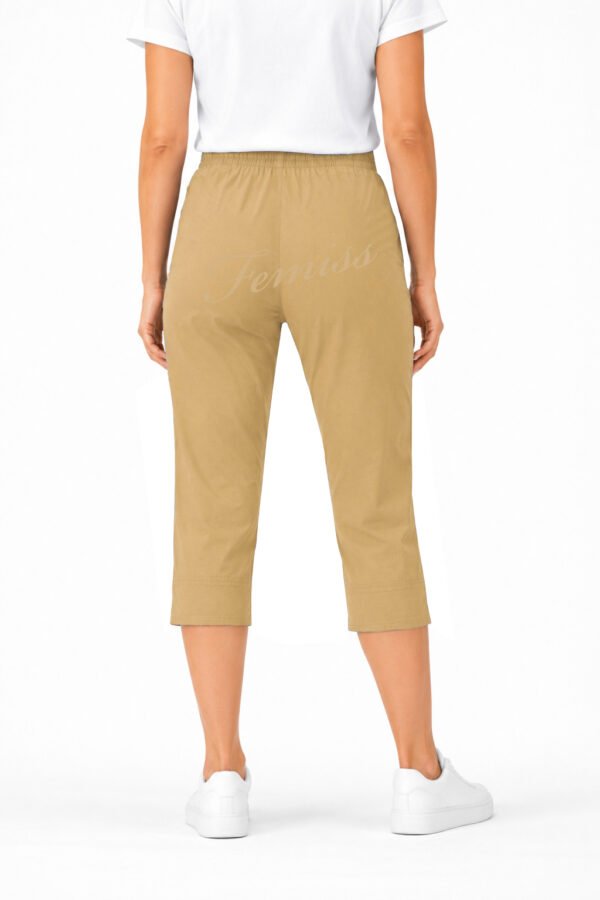 Women's Cropped Trousers with Elasticated Waist – Camel | Soft Stretch Capri 3/4 Summer Pants with Pockets