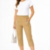 Women's Cropped Trousers with Elasticated Waist – Camel | Soft Stretch Capri 3/4 Summer Pants with Pockets