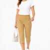 Women's Cropped Trousers with Elasticated Waist – Camel | Soft Stretch Capri 3/4 Summer Pants with Pockets