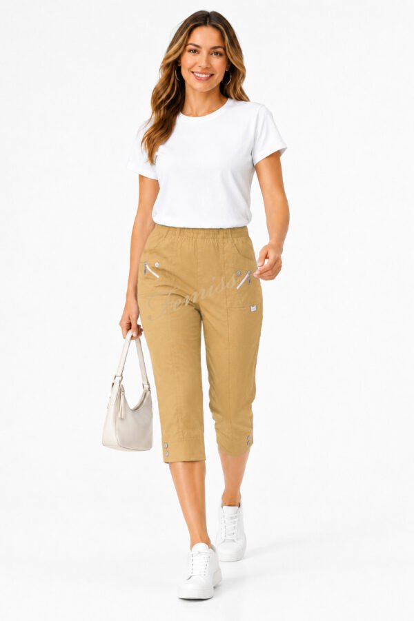 Women's Cropped Trousers with Elasticated Waist – Camel | Soft Stretch Capri 3/4 Summer Pants with Pockets