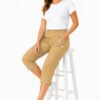 Women's Cropped Trousers with Elasticated Waist – Camel | Soft Stretch Capri 3/4 Summer Pants with Pockets