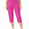 Women's Cropped Trousers with Elasticated Waist – Cerise Pink | Soft Stretch Capri 3/4 Summer Pants with Pockets