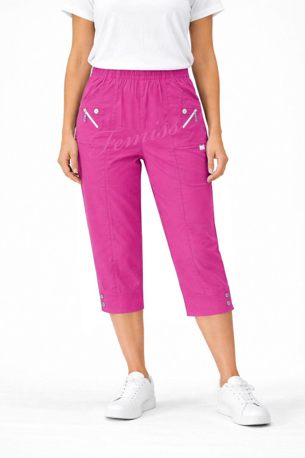 Women's Cropped Trousers with Elasticated Waist – Cerise Pink | Soft Stretch Capri 3/4 Summer Pants with Pockets