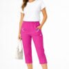 Women's Cropped Trousers with Elasticated Waist – Cerise Pink | Soft Stretch Capri 3/4 Summer Pants with Pockets