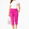Women's Cropped Trousers with Elasticated Waist – Cerise Pink | Soft Stretch Capri 3/4 Summer Pants with Pockets