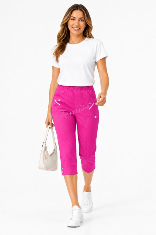 Women's Cropped Trousers with Elasticated Waist – Cerise Pink | Soft Stretch Capri 3/4 Summer Pants with Pockets