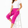 Women's Cropped Trousers with Elasticated Waist – Cerise Pink | Soft Stretch Capri 3/4 Summer Pants with Pockets