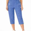 Women's Cropped Trousers with Elasticated Waist – Denim | Soft Stretch Capri 3/4 Summer Pants with Pockets