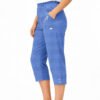 Women's Cropped Trousers with Elasticated Waist – Denim | Soft Stretch Capri 3/4 Summer Pants with Pockets